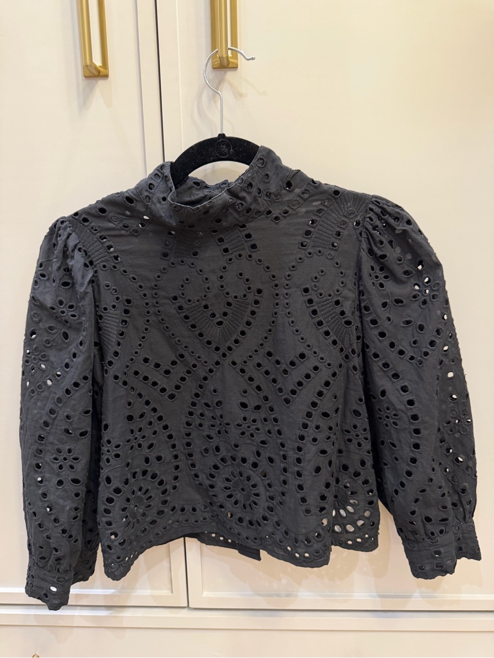Rochas Black Eyelet Mock-Neck Puff-Sleeve Blouse